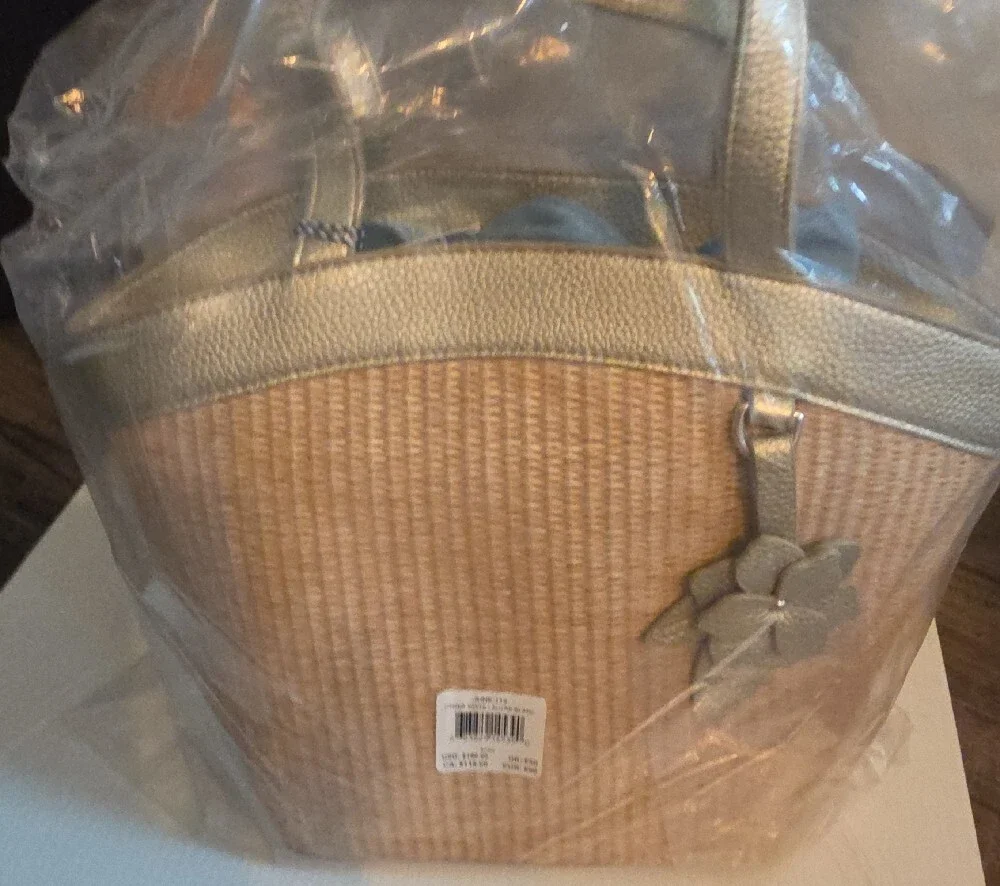 Draper James Natural Straw Tote with Gold Trim and Floral Charm